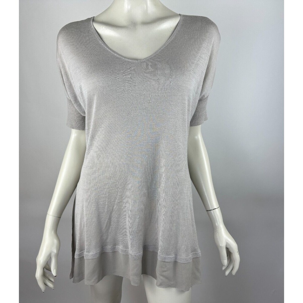 Eileen Fisher Silk Knit Tunic Top Women M Flaw* Short Sleeve V-neck Stretch Gray